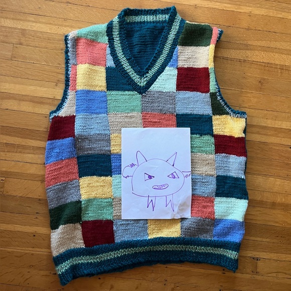 Pure Handknit Other - Handknit handmade colorful patchwork sweater vest eclectic grandpa plaid L XL M